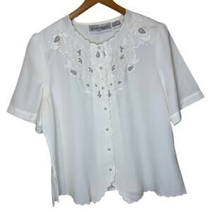 VTG Claudia Richard Scalloped Pearl Button Up Silver Embroidered Blouse 14
